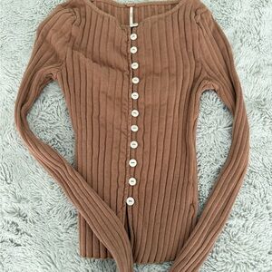 Free People Brown Long Sleeve Ribbed Top